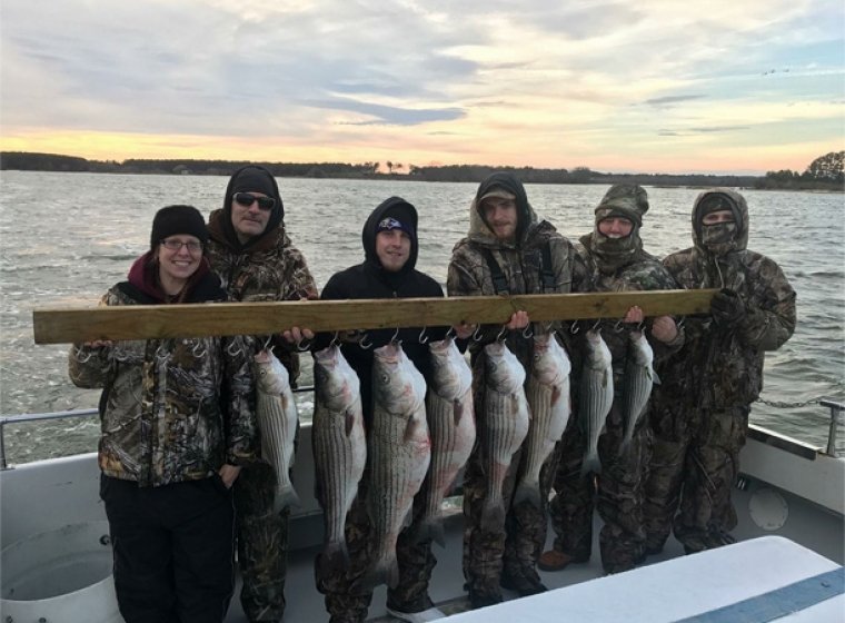 group holding multiple catches of fish